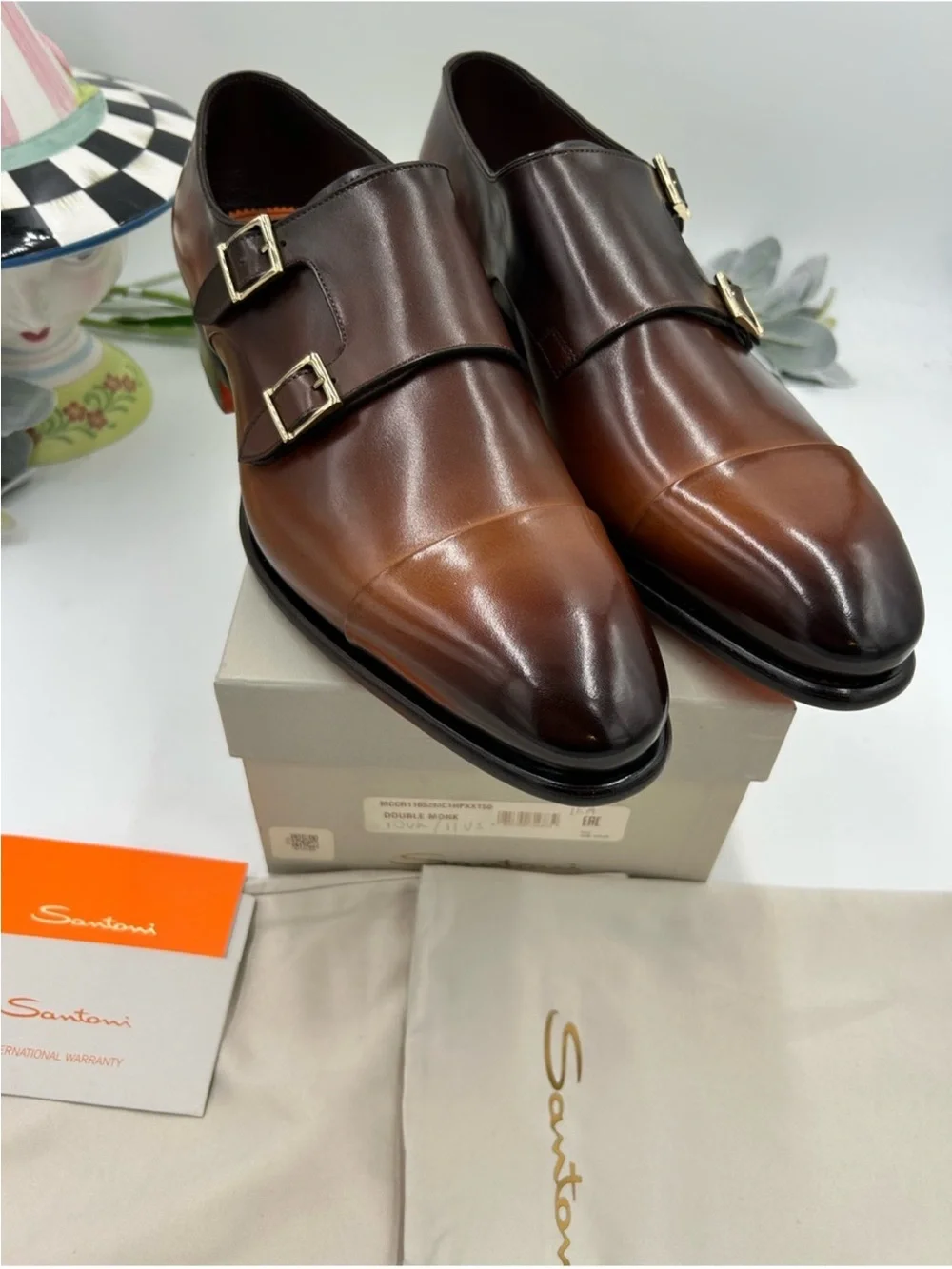 Men’s Santoni Ira double monk strap BURNISHED leather Oxford, size 11 US